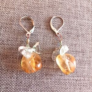 Citrine and Clear Quartz Earrings Freeform Leverbacks - Pre-loved (1.5")